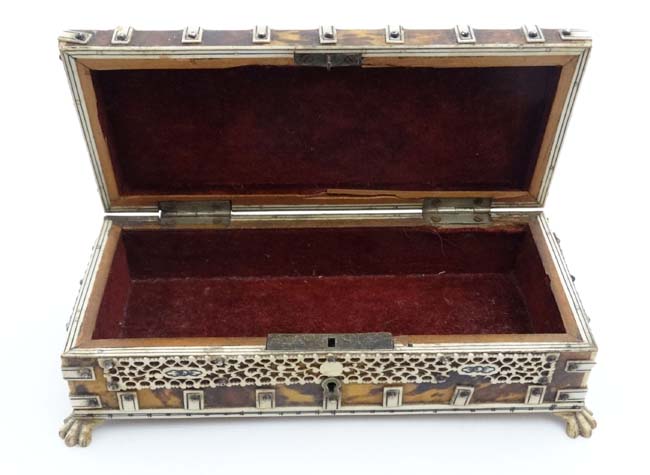 A 19thC Tortoiseshell and ivory table casket standing on four hairy lions paw feet and opening to - Image 4 of 8