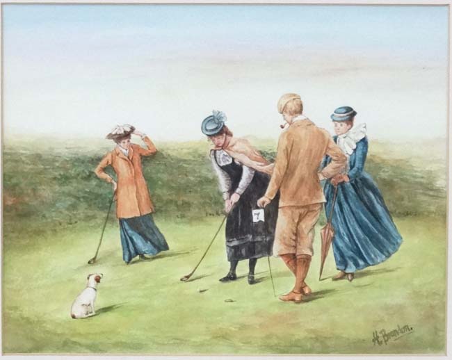 H Brandon XX Watercolour Late Victorian Lady Golfers being watched by a gentleman and a dog Signed - Image 3 of 4