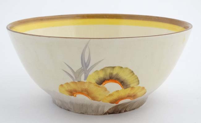 A c1930's Clarice Cliff '' Rhondanthe '' pattern bowl hand painted in yellow, orange, - Image 8 of 8