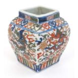 A small Chinese wucai '' dragon '' and peony vase of squared form,