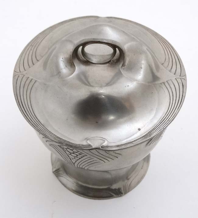 Orivit : An Art Nouveau pewter circular lidded pot, marked under ' Orivit 2487 ', - Image 5 of 7