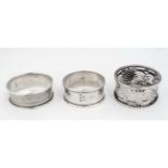 3 various silver napkin rings 1 x Birmingham 1930 maker E.S Barnsley & Co.