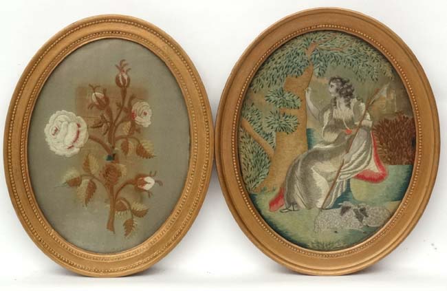 Regency oval silks Two gilt framed needleworks A shepherdess carving the name of her beau 'Tancred
