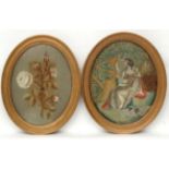 Regency oval silks Two gilt framed needleworks A shepherdess carving the name of her beau 'Tancred