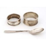 3 assorted silver items to include a napkin ring hallmarked Birmingham 1952 maker Joseph Gloster