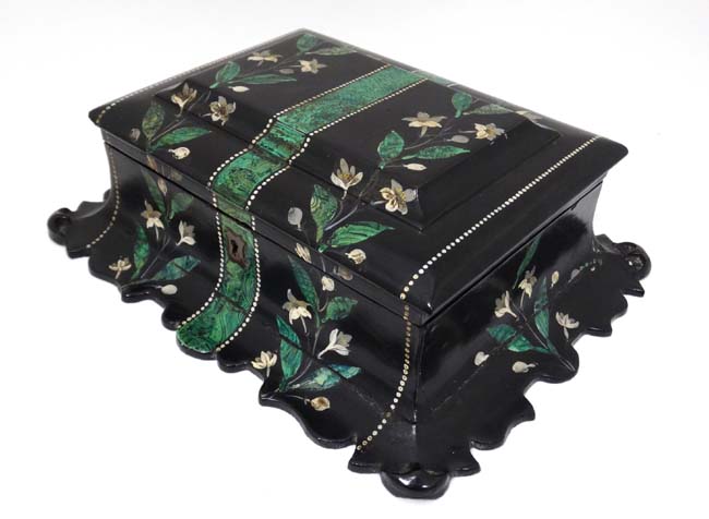 A Victorian papier mache hinged lidded box with faux malachite and floral decoration approx 9 1/2"
