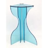 Vintage Retro : a blue Perspex bowfronted corner shelf and support / corner stand, 36 1/2" high.