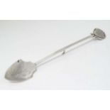 A silver preserve spoon with shield shaped spade bowl and hook to handle. Hallmarked 1988 maker E.P.