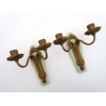 A pair of 1930's painted brass and wooden twin branch wall sconces 8 1/2" high