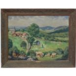 RKW Tyrolean Early XX Oil on canvas Walker resting on rocks looking over a Tyrolean landscape with