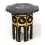 A late 19thC black lacquered and gilt decorated octagonal Moorish occasional table with chinoiserie