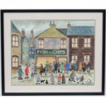 Linford France XX Industrial School Watercolour ' Fish and Chips ' Signed lower left 11 1/2 x 14
