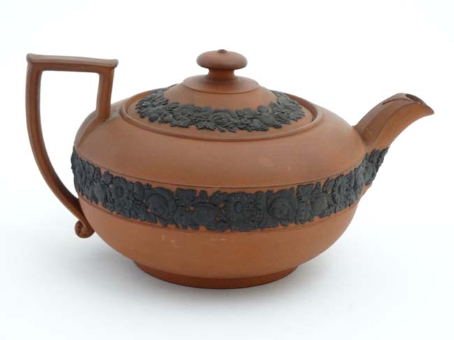 A 19thC Wedgewood '' Rosso Antico '' teapot with black basalt floral border decoration, - Image 3 of 5