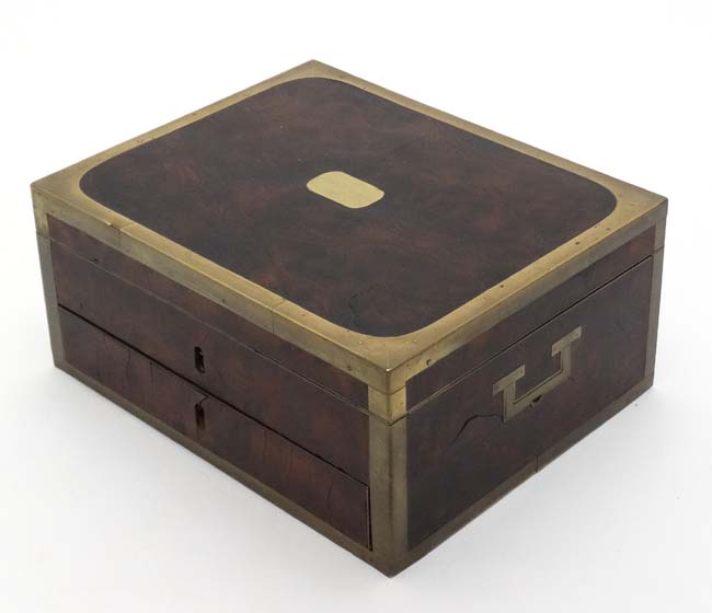 A burrwood Campaign box with brass edges and corners and drawer under. - Image 6 of 8