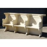 Ornate 19 thC pew : A white painted 19thC four shaped seat pine pew,