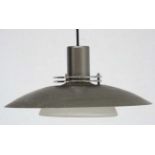 Vintage Retro : a Danish pendant light with grey liveried shade and ice glass under shade and two