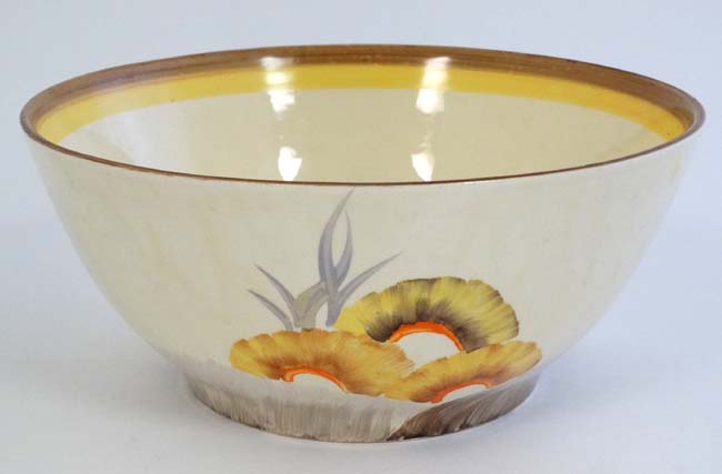 A c1930's Clarice Cliff '' Rhondanthe '' pattern bowl hand painted in yellow, orange, - Image 4 of 8