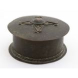 An Oriental brass cylindrical lidded pot 3" diameter x 1 1/2" high CONDITION: