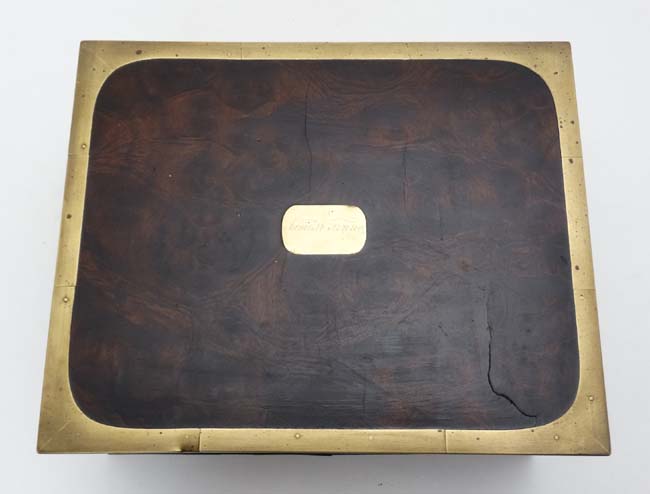 A burrwood Campaign box with brass edges and corners and drawer under. - Image 3 of 8