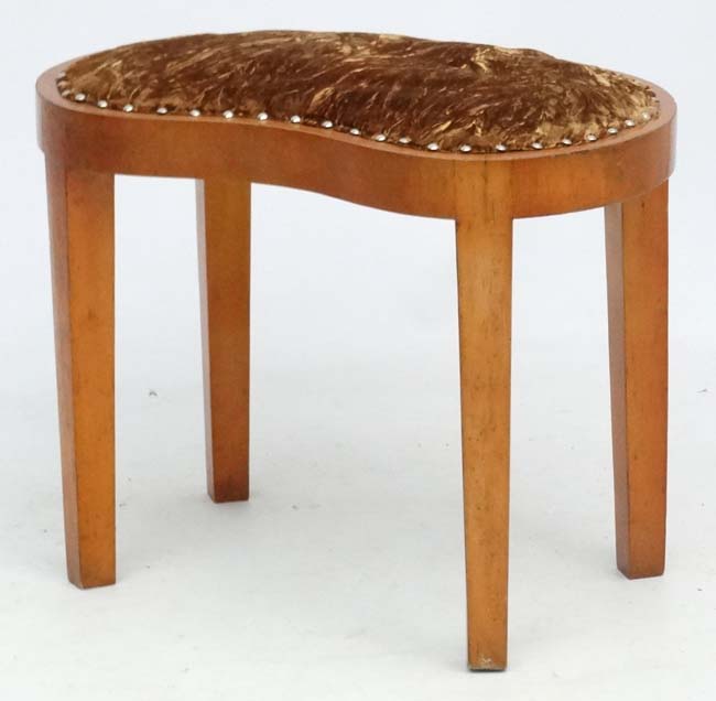 Art Deco : A kidney shaped burr Maple four legged ( slightly tapering) Gold upholstered stool.