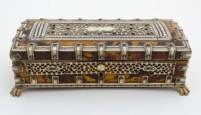 A 19thC Tortoiseshell and ivory table casket standing on four hairy lions paw feet and opening to - Image 6 of 8