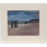 C Reynolds- Jones XX Pastel Beach with sand barriers Signed lower right 8 1/4 x 10 1/4"