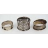 3 various napkin rings to include one hallmarked Birmingham 1919 maker G F Westwood & Sons,