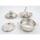 Assorted silver plated wares to include a cake basket with wing over handle, entree dish and cover,