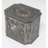 A late 19thC silver plate tea caddy with hinged lid and engraved decoration.