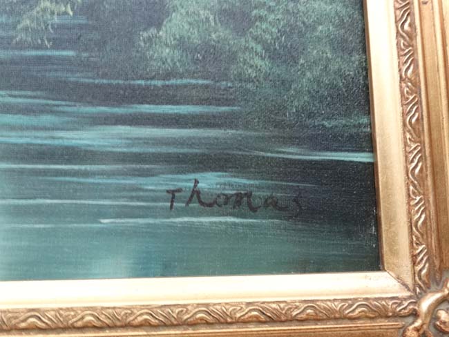 T Lomas XX Oil on canvas Feeding waterfowl on a lake with weir Signed lower right 23 1/2 x 35 1/2" - Image 4 of 4