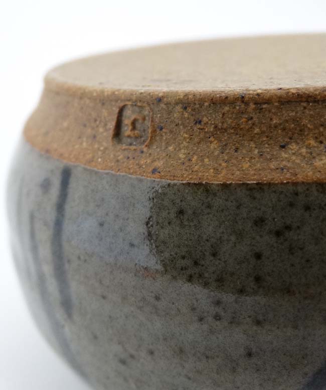 A signed studio pottery pot decorated with black marks on a grey/green ground , - Image 2 of 5