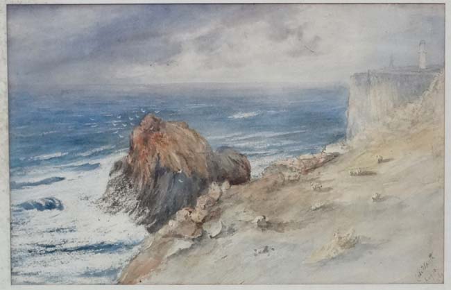 XIX Scottish School Watercolour Lighthouse with sheep grazing at ' Cape Wrath ... - Image 3 of 4