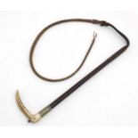 Equestrian : An early 20thC Antler handled , weaved Leather covered Hunting Crop / Whip ,