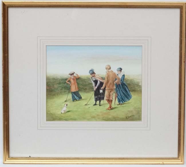 H Brandon XX Watercolour Late Victorian Lady Golfers being watched by a gentleman and a dog Signed