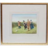 H Brandon XX Watercolour Late Victorian Lady Golfers being watched by a gentleman and a dog Signed