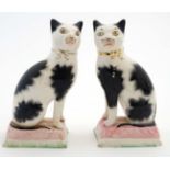 A pair of 19thC black and white Staffordshire cats having yellow eyes and gilt bows to necks,