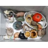 Box of mixed ceramics to include Teapot formed as a pumpkin, Beehive honey pot,