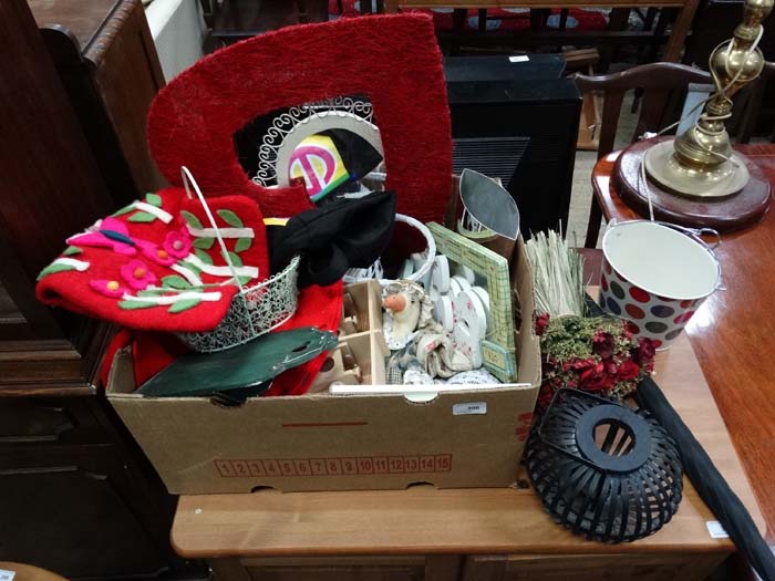 Box of assorted miscellaneous items to include umbrella, bag, frames,