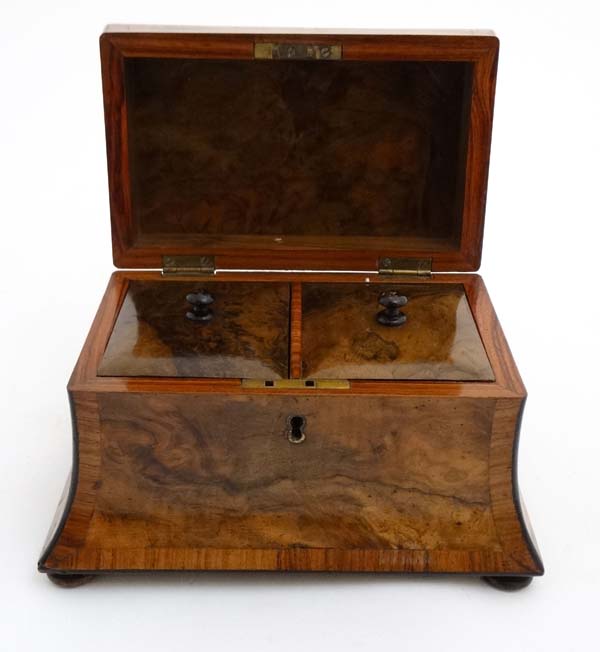 A Victorian burr walnut cross banded concave 2 division tea caddy on squat bun feet. - Image 7 of 9