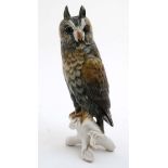 A Karl Ens German porcelain figure of a Long Eared Owl on a branch, bears factory stamp to base.