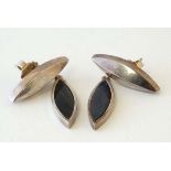 Scandinavian ( Finland ) jewellery : A silver pair of drop earrings set with abalone / paua shell