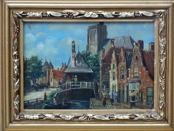 Indistinctly Signed XX Dutch School, Oil on panel , a pair, Town scenes , one with figures, - Image 4 of 4