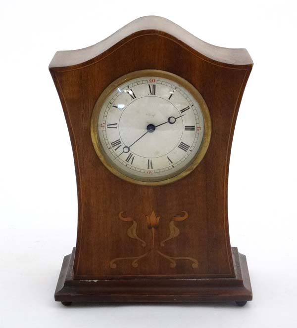 Swiss Mantle Clock : an inlaid 3 1/2" dial timepiece with inlaid and shaped case, - Image 4 of 7