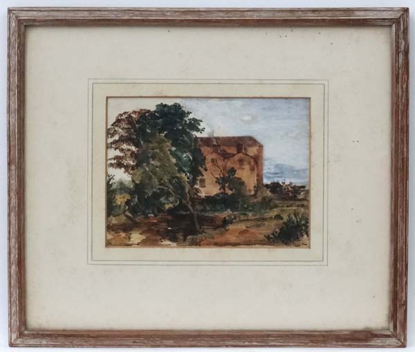 D Cox XIX, Watercolour, Angler beside a watermill on a river, Signed lower right, 4 1/2 x 6.