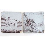 Two 18thC Delft style Manganese and white clay tiles,