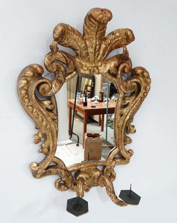 A pair of 18 th / 19thC gilded carved wooden Italian Gironadole mirrors each with twin branch - Image 8 of 17