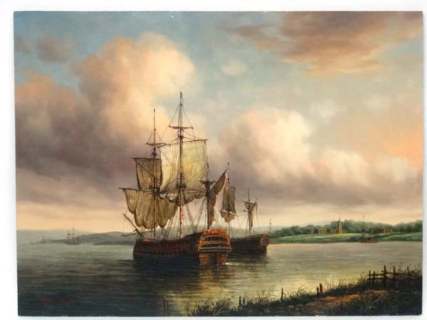 James Hardy XX Marine School, Oil on panel, Warships at anchor within an estuary,