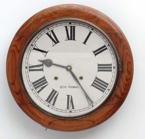 Seth Thomas 12" wall Clock : a walnut cased 8 day wall clock, formerly striking on two gongs, - Image 3 of 3