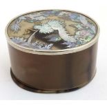 An Oriental horn box of oval shape with sgraffito inlaid mother of pearl,