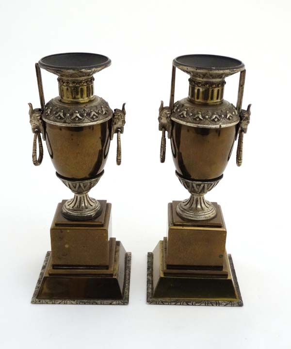 A pair of Egyptian Revival 19thC bronzed pedestal urns with loop handles. - Image 5 of 6
